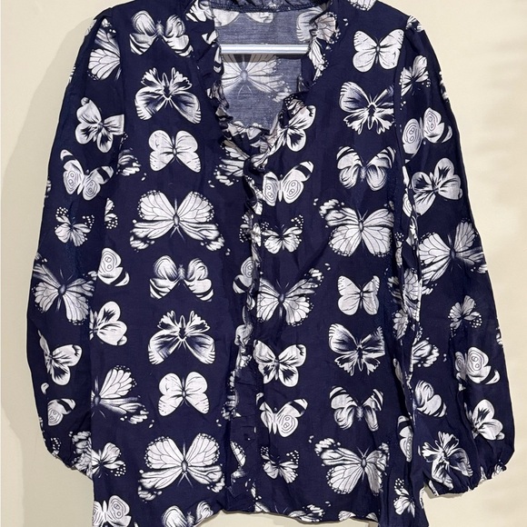 Navy Blue Butterfly Print Women's Top - Picture 1 of 4
